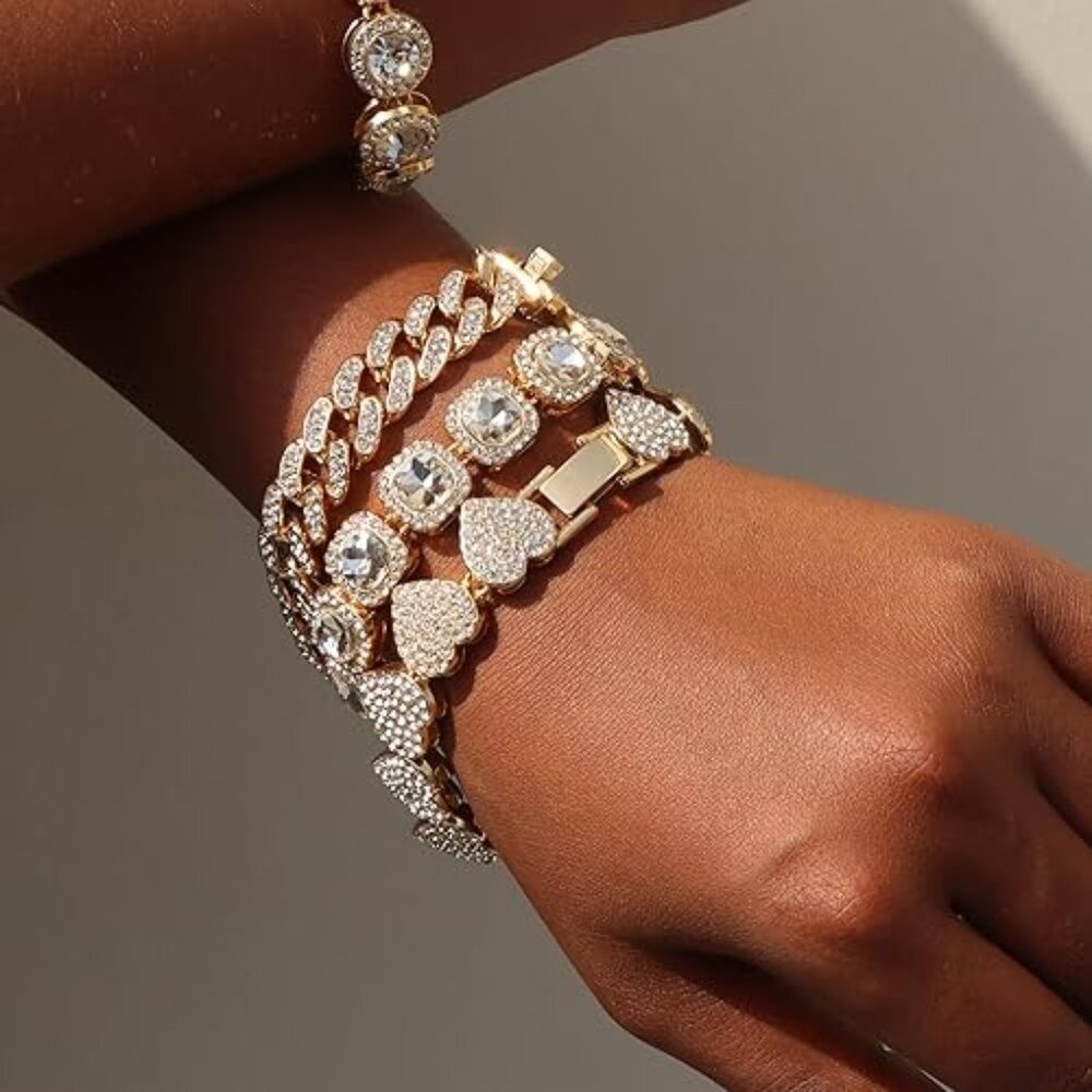 4PCS Women's Gold Bracelet Set – Heart Charm, Clustered Tennis, Round Link & Cub